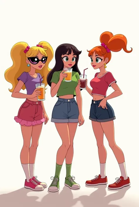 The Powerpuff Girls teenagers with drinks in their hands on a white background