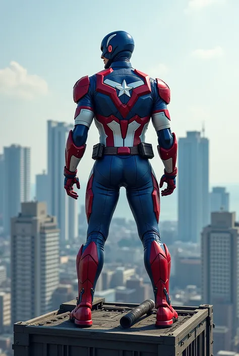 Kamen Rider。The costume&#39;s colors were inspired by Captain America。He is standing on top of a building with Yokohama in the background.。