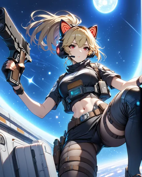 One girl, solo,Handgun, Space Colony,High resolution, masterpiece, Anatomically correct, Blonde, ponytail, Red cat ear headphones, Red eyes, Short sleeve,Tight skirt, Overlooking, 