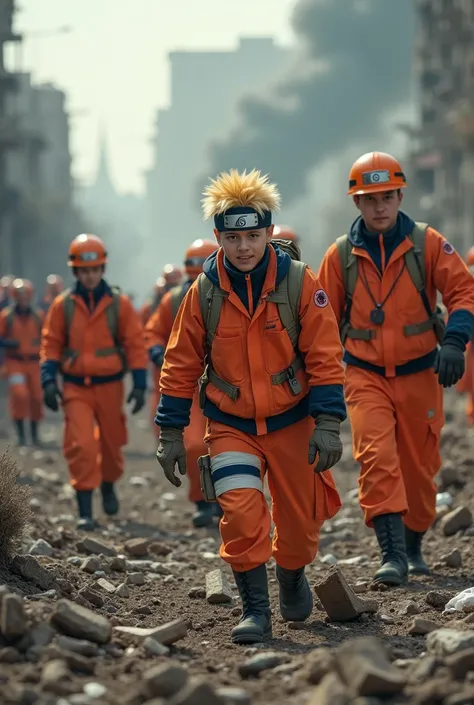 A photo of rescue workers in orange uniforms working at a disaster site. Naruto is among them.