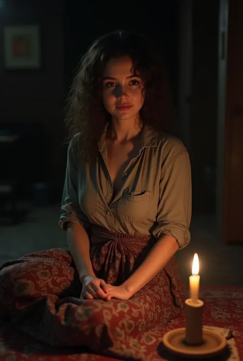 (photorealism:1.2), a russia mixed dagestan beauty and pretty 17 yrs old girl, red lips, curly hair, wear a shabby shirt and a batik sarong, big huge XXXXL breast, sit on a rugs comfortly,  in a darker night, lighting  infront, lower angle,, looking happy,