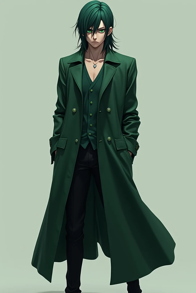 3D anime style boy with green trench coat, long dark green hair, Green eyes without emotions, look would be forward, Athletic body, mide 187 cm.