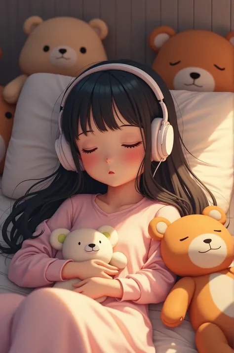 Generate a girl in sleeping pajamas in bed, long hair surrounded with stuffed toy bears, with a white headphones on her head