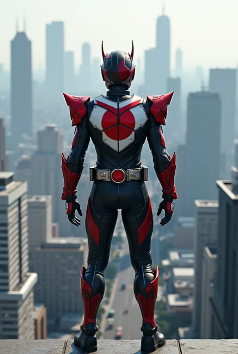 Kamen Rider。The costume colors are inspired by the Japanese flag。He is standing on top of a building facing forward with Yokohama in the background.。