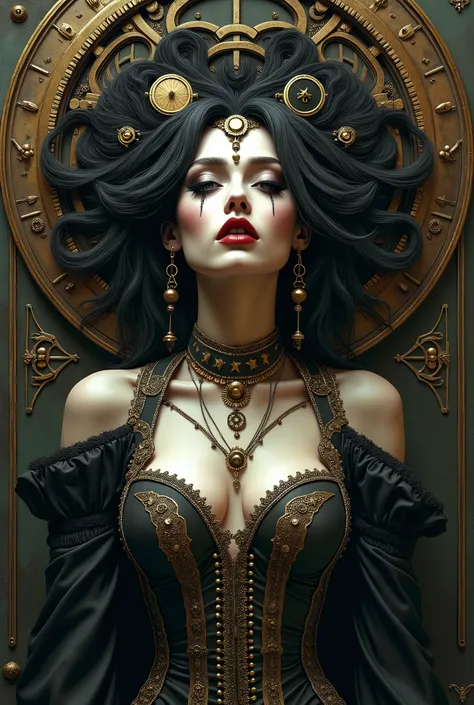 Steampunk-inspired illustration of a gothic woman with undead clockwork mechanisms. Combine elements of Seductive, exotic Hair, Extravagant, Sinister, Sinful, Wicked, Evil, Blasphemous, Mythical, Enchanting, Enigmatic, Dream, Fable, Fairy tale, Enchantment...