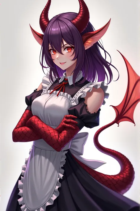 create the appearance of a character for me to use in an RPG with the characteristics; feminine gender, loose medium length dark purple hair, 2, she must have a dragon&#39;s tail and horns, pointy ears, red scales on arms and tail, scarlet red eyes, maid c...