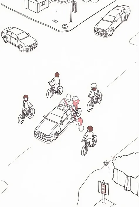 An elementary school student riding a bicycle ran a red light and was hit by a car and fell onto the road., two bicycles go parallel holding hands, Another student carried 3 people on a motorbike and did not wear a helmet., at the crossroads, have home, pl...