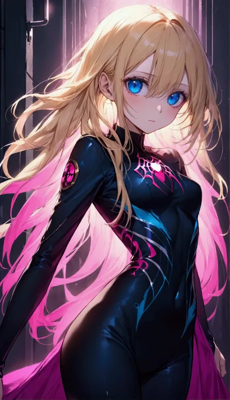 Vibrant illustration in anime style featuring a young woman with long, flowing blonde hair. She has fair skin and large, expressive blue eyes. She is wearing a tight-fitting outfit with a spider emblem on her chest. The color scheme of her outfit is white ...