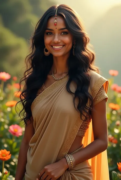 A realistic picture of a beautiful Indian woman. She stands gracefully, a vision of beauty with her fair golden complexion that glows in the sunlight. Her thick, black wavy hair cascades over her shoulders, framing her face perfectly. A tiny bindi adorns h...