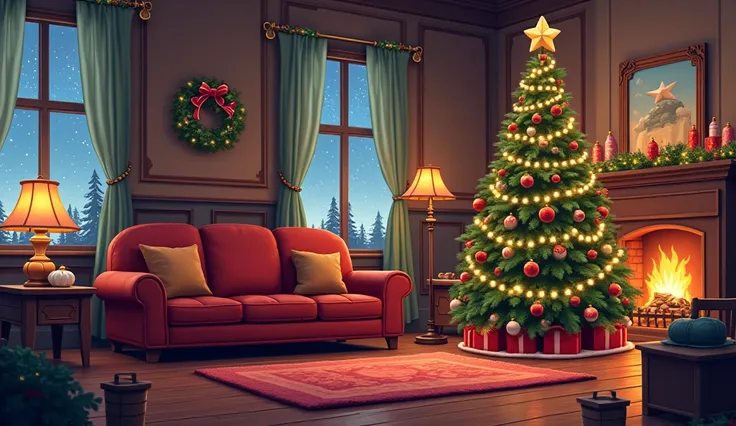 a close up of a room with a couch and a christmas tree, pixel art inspired by Ernest William Christmas, polycount contest winner, pixel art, lots of decoration and furniture, cozy wallpaper, cozy home background, lavishly decorated, cozy environment, cozy ...