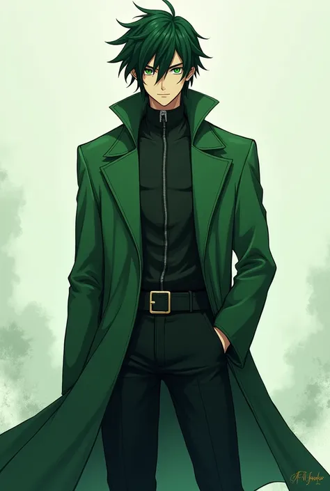 2D anime style boy with green trench coat, long dark green hair, Green eyes without emotions, look would be forward, Athletic body, mide 187 cm.