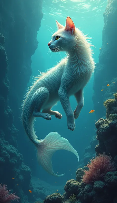 Write a myth about a legendary creature known as the Fish Cat., guardian of the sea that protects life under the waves. This Fish Cat has an elegant cat body and a long, colorful fish tail.. Tell the story of how this Cat Fish fights against the threat fro...