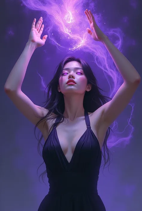 Korean white skin 1 girl wearing sleeveless black haulter raising her arms up summoning legendary blackish purplish aura with, her eye balls glowing purple  painting style