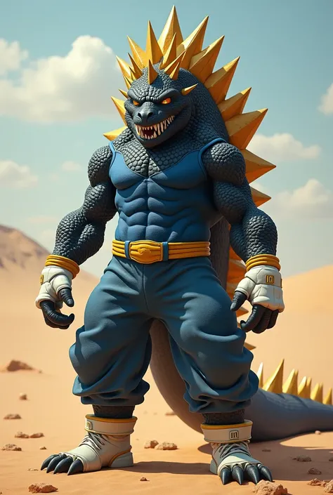 A reptile with a Godzilla face and anthropomorphic body, black skin with a Super Saiyan 2 hairstyle and wearing a blue shirt, blue pants, white gloves and white and yellow shoes and with an "M" mark on his forehead and stands in front of a desert