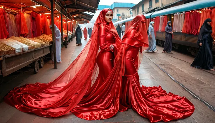 woman shrouded in a 10-meter-long, plush red semi transparent satin shimmer cloth, tightly bound and grandly draping along the f...