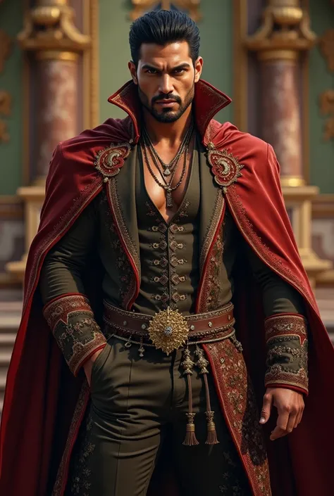 Manly man with dark skin, black hair and honey golden eyes with baroque clothing 