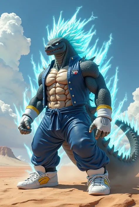 A reptile with a Godzilla face and anthropomorphic body, black skin with a Super Saiyan and electric aura, hairstyle and wearing a blue shirt, blue pants, white gloves and white and yellow shoes and with an "M" mark on his forehead and stands in front of a...