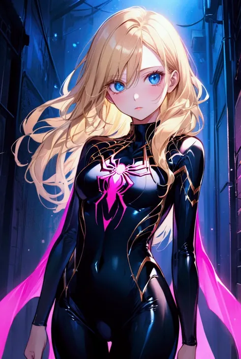 Vibrant illustration in anime style featuring a young woman with long, flowing blonde hair. She has fair skin and large, expressive blue eyes. She is wearing a tight-fitting outfit with a spider emblem on her chest. The color scheme of her outfit is white ...