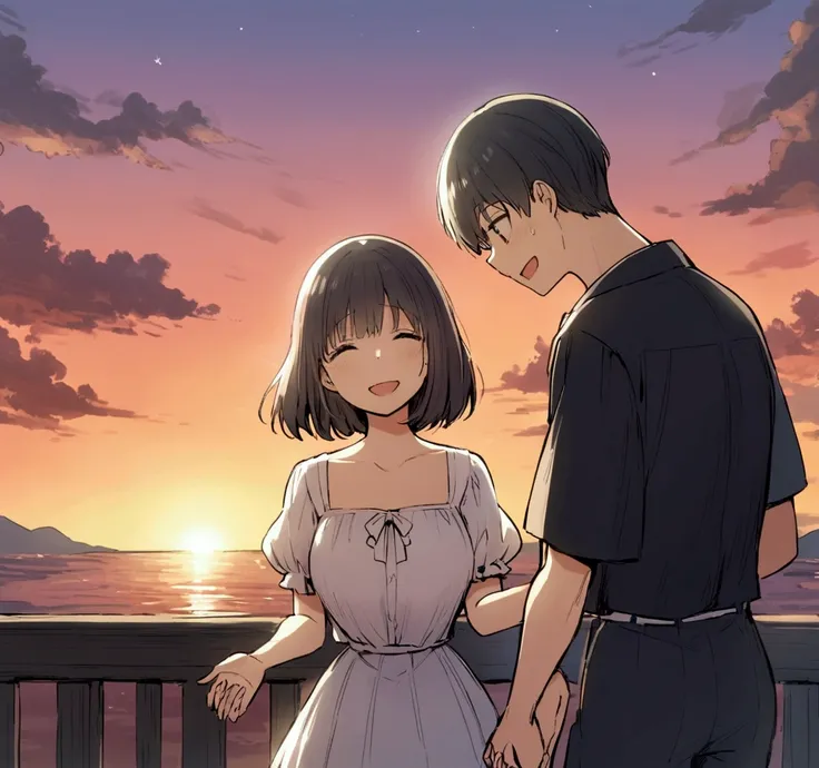 haru, nervous, confesses his feelings to Aiko. She smiles shyly, accept your hand, and they both watch the sunset together.