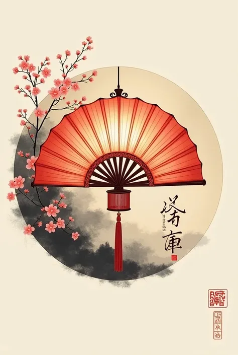 The traditional lantern fan with the theme of &quot;Original Heart&quot; forms a circular logo with ancient ink painting. Add the ink font of &quot;Original Heart Gathering&quot; to help me design a traditional ancient ink logo，Theme: original intention