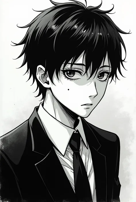 anime style drawing of a handsome sad young guy in a suit, shiny hair, tiny mole under his eye, horror manga, black and white manga style, junji ito style, black and white manga panel, style of junji ito, junji ito undertones, shinigami, subtle junji Ito, ...