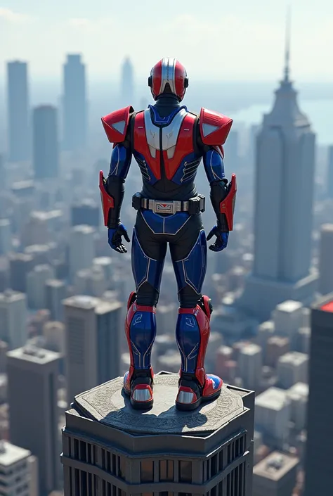 Kamen Rider。The costume&#39;s colors were inspired by the Czech flag。He is standing on top of a building with Yokohama in the background.。Looking forward。I&#39;m directing my gaze here。