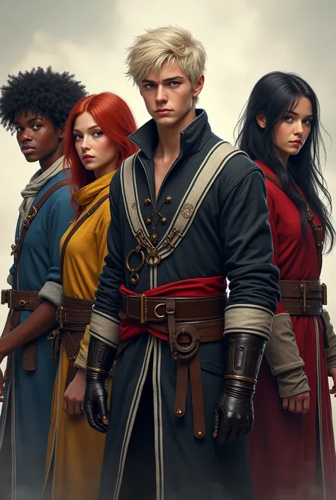 A group of 5 young teenage assassins from the 16th century. Their poses are different from each other, each with their own incredible personality. They wear a belted tunic. The 5 have different colors from each other: on the left side there is a blue, he i...