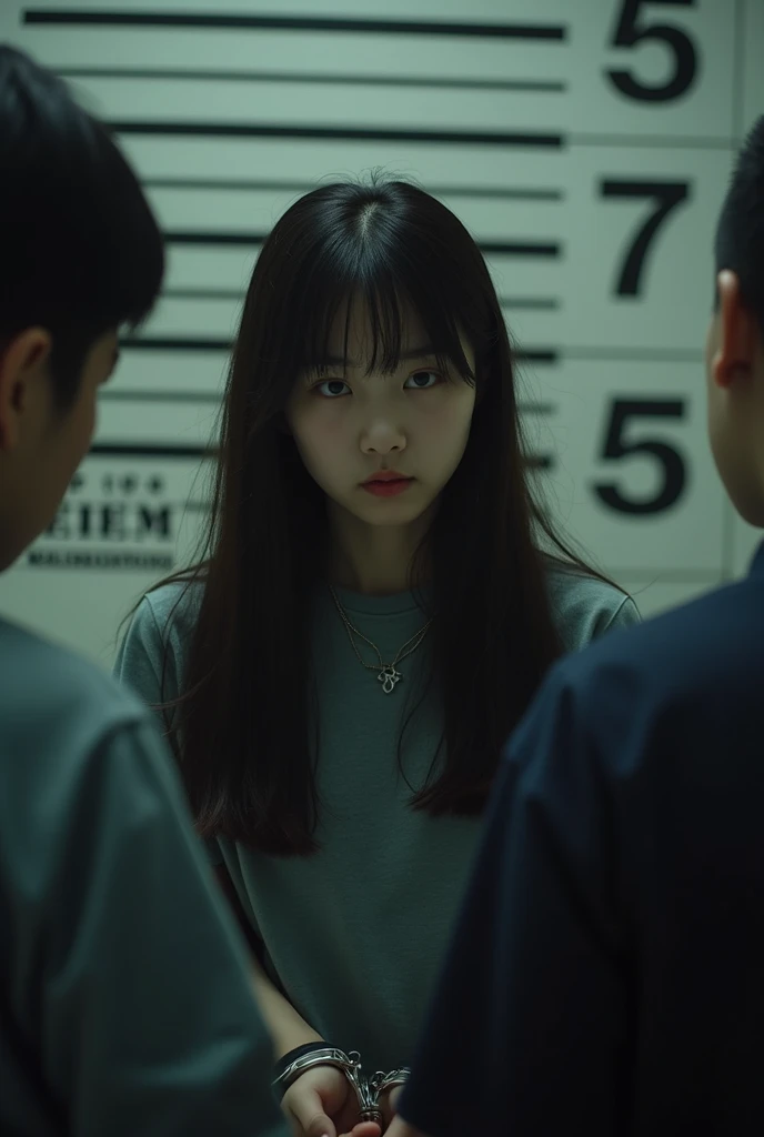 create a mugshot of a teenage Korean girl with long hair and bangs being arrested at FEBEM, house foundation