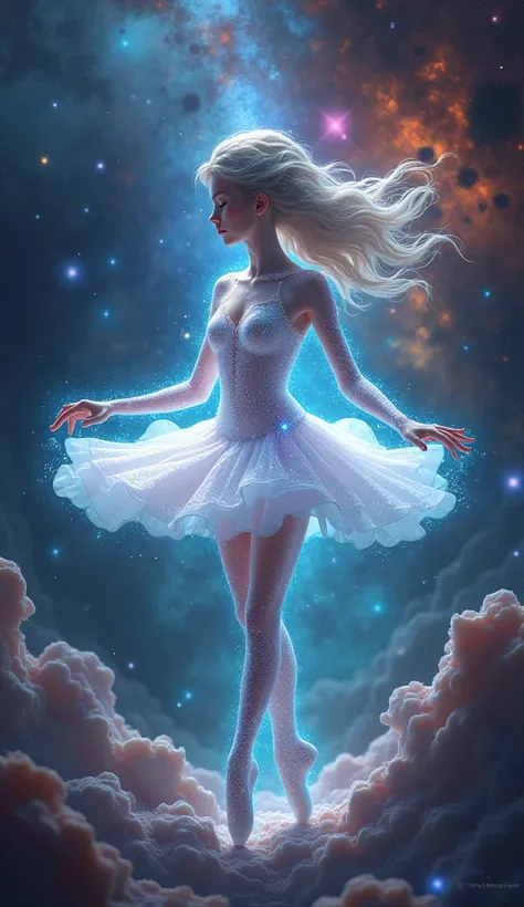 void celestial outer space, sci-fi, microdetailed space astrophotography, layered, textured, sculptural, detailed masterpiece, explosive happy transparent gracious ghost ballerina hologram made of space portrait, tutu, nebulas, stars, planets, vibrant deep...