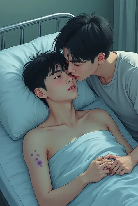 It creates an image of two young Koreans and they are in the hospital in a room. There is a young man who is lying in the hospital bed. The young man who is lying in the bed has some small purple marks on his arm because of the accident he suffered and nex...