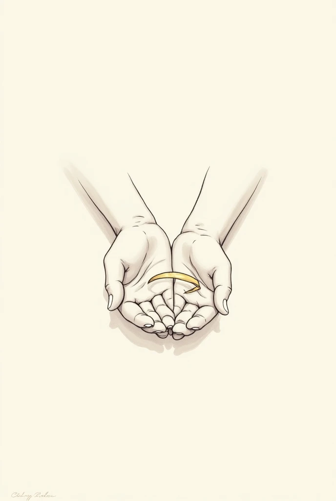 Draw in sketch style and simple without details palms of a child&#39;s hands holding a broken halo 