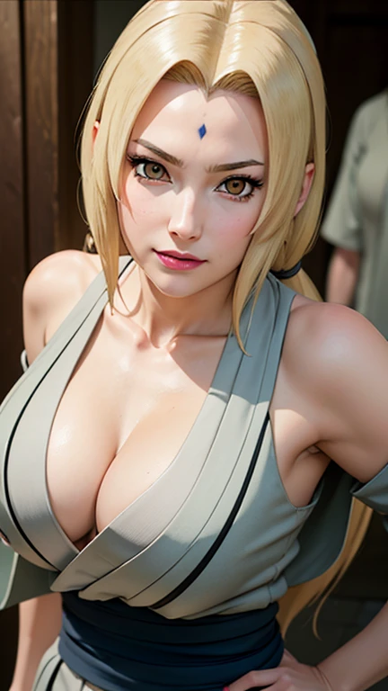 Realistic 1.5, (Masterpiece, Highest Quality: 1.2), Alone, A Girl, Tsunades Defense, Mark on Forehead, Smile, See Your Audience, NSFW, Fully Visible, Open Kimono, Off Shoulder, Gray Kimono, Sash, Pants, Close-up of a Person, Beautiful Girl with Beautiful D...