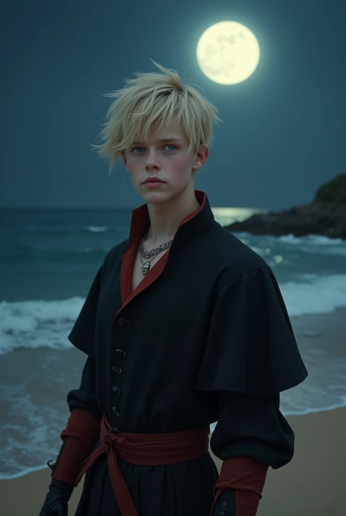 Young man with rebellious blond hair laughing. up to a little below the ears, pale skin, sea blue eyes, full and pink lips, with a neutral expression, black medieval clothing with red details, on the beach at night, Looking out to sea. House of the dragón....