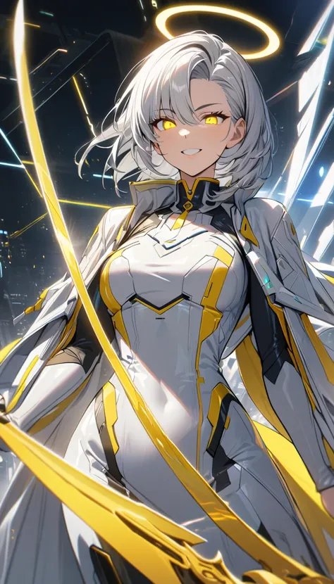  1 Beautiful woman, short flowing silver hair, yellow eyes yellow Halo, handsome, high quality, sword, Gray scapula, 30 years old, futuristic clothes, white coat, yellow sword, confident smile, glowing eyes