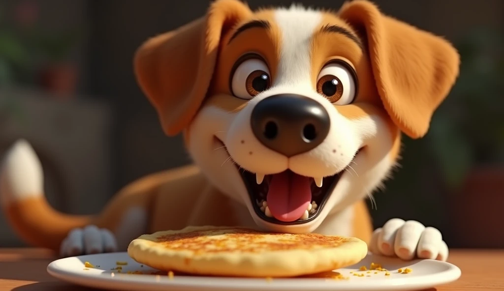 In cinematic 3d style - Dog Eating the Roti Happily: A close-up of the dog munching on the roti with joy. Its tail wags slightly, and its eyes reflect relief and gratitude

