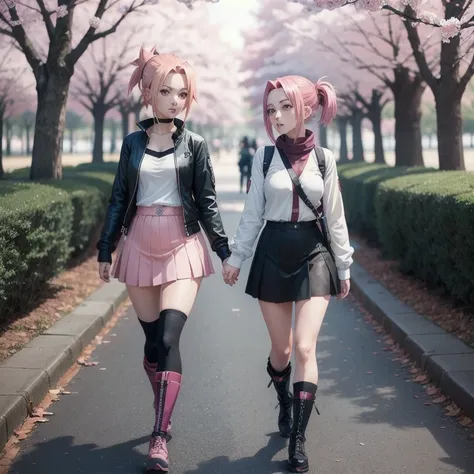 two anime girls in short skirts and boots walking together, sakura haruno, from naruto, haruno sakura, sakura haruno in slug sage mode, kunoichi, sasoura, by Shingei, two beautiful anime girls, puce and vermillion, in anime style, anime stile, official art...