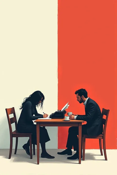 Blue table and two black chairs, a typewriter on the table, a hot white cup of coffee, the upper middle wall background is white and the lower is red, a girl is writing from a shadow or a mirage, and a man is on the opposite chair. Make it look like a draw...