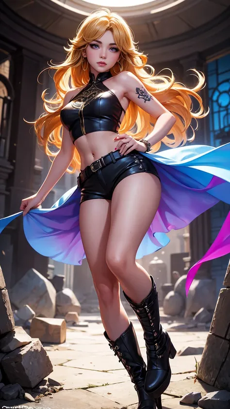 1girl, 1girl, combining elements of Yang Xiao Long from "RWBY" and Lilith from "Borderlands", beautiful detailed eyes, beautiful detailed lips, extremely detailed face and portrait, long eyelashes, flowing golden hair, lilac/violet eyes, crop top, short sh...