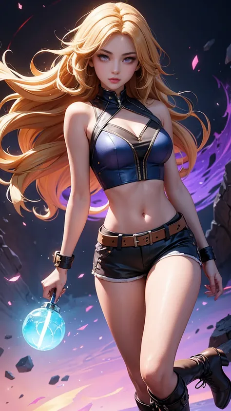 1girl, 1girl, combining elements of Yang Xiao Long from "RWBY" and Lilith from "Borderlands", beautiful detailed eyes, beautiful detailed lips, extremely detailed face and portrait, long eyelashes, flowing golden hair, lilac/violet eyes, crop top, short sh...