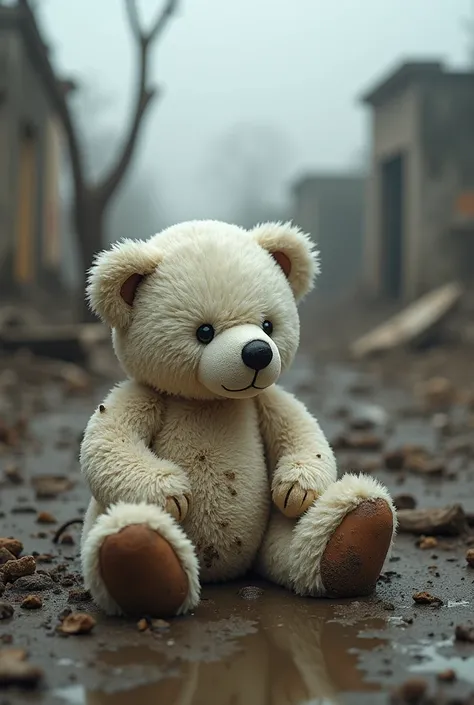  dirty white small teddy bear toy in the mud with blurred natural disaster background, branches and ruins and below the text that says" Beyond the mud"