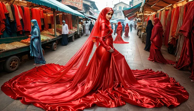 woman shrouded in a 10-meter-long, plush red semi transparent satin shimmer cloth, tightly bound and grandly draping along the f...