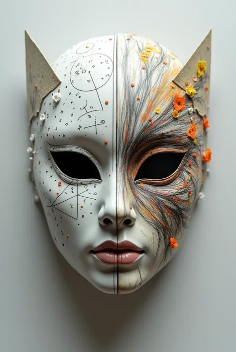 Create an image of a mask where half is filled with things that have to do with logical mathematical thinking while the other half has things related to creativity., in the middle they must work