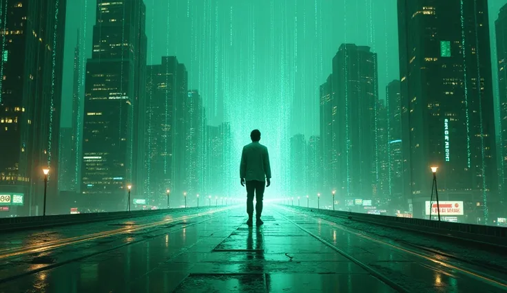 a futuristic cityscape, neon-green digital matrix, rain of code, human figure dissolving into data particles, glitch effect revealing virtual landscape, bright glowing lines, holographic elements, tech-driven, philosophical, cinematic, 8k, photorealistic, ...