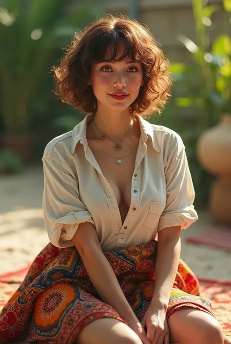 (photorealism:1.2), a russia mixed dagestan beauty and pretty 15 yrs old girl, red lips, curly short hair, wear a shabby white shirt and a batik sarong, big huge XXXXL breast, sit on a rugs comfortly,  in a morning breeze, brighter light infront, lower ang...