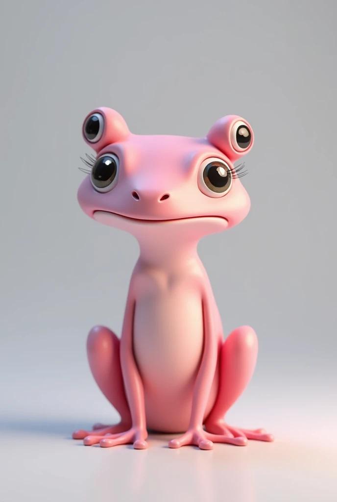 Create 3d drawing of cute pink tree frog, thin with smooth skin , with eyelashes
(gray image background)