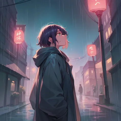 1girl, night city, light, rain cort High Quality, 