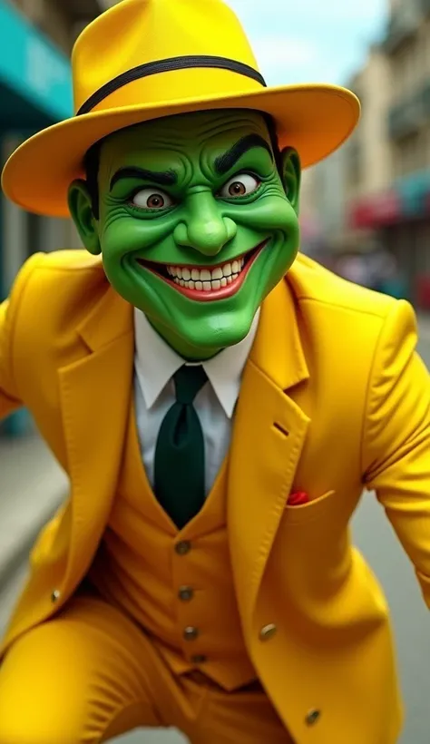 The Mask movie poster、A man wearing a bright yellow suit and a wide-brimmed yellow hat。The face is green、He has a mischievous smile。He&#39;s wearing a white shirt underneath、He is wearing a dark green tie、It gives off a cartoony, exaggerated look.。The hat ...