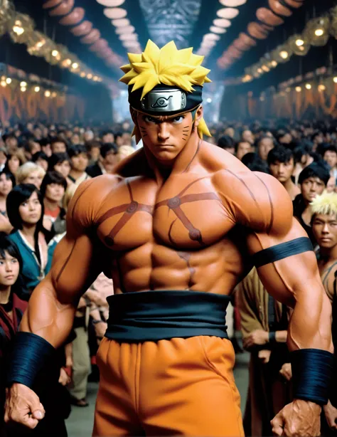 A muscular man with a chiseled physique, Arnold Schwarzenegger, dressed in a Naruto cosplay costume, flexing and posing for people at a crowded convention, 1980s Arnold, age 30, mr. olympia physique, extremely detailed, hyper realistic, 8K, photorealistic,...