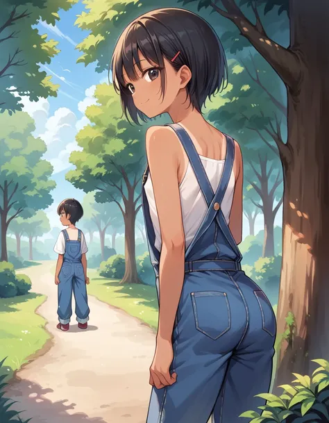 masterpiece, best quality, extremely detailed, anime, Girl, short, elementary school student, boyish, black hair,extra short hair, tanned skin, innocent smile, flat chest, Wearing overalls on bare skin,, outdoors, near the big tree,from behind 