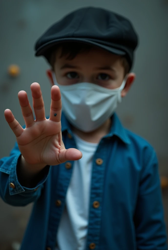 Boy with black cap, white mask , mysterious, blue long sleeve shirt, white shirt, hand raised showing something